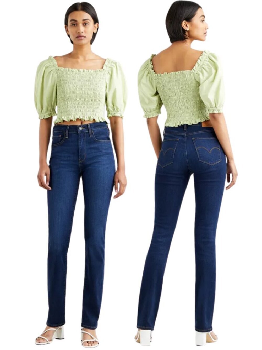 Levi's Rey Smocked Puff Sleeve Blouse Top Women's XL Green Cropped Festival NWT